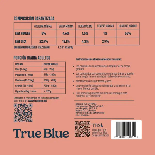 TRUE BLUE - ADULTO BEEF N CARROT X 5 UND (2,5 KG)